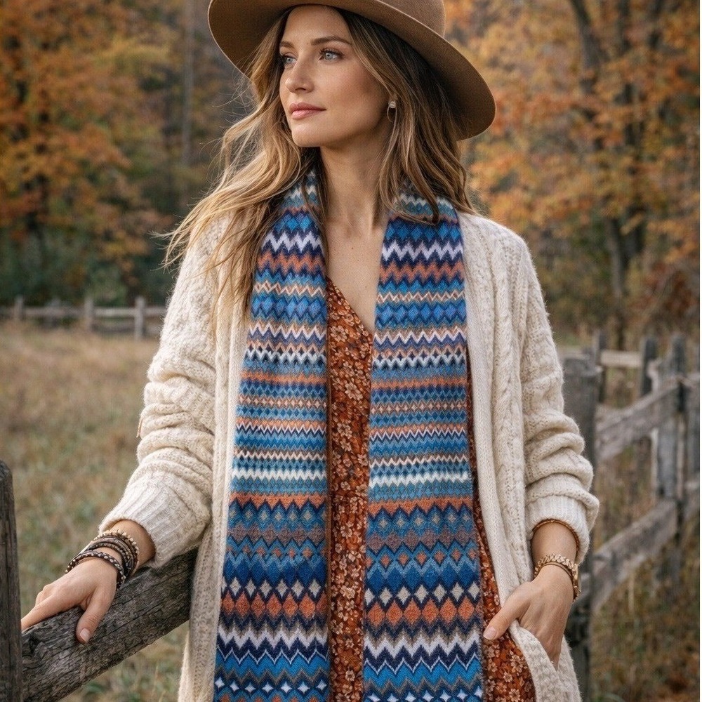 Fraas Cashmink Geometric Scarf Womens Blue Knit Fringe Boho Fall Autumn